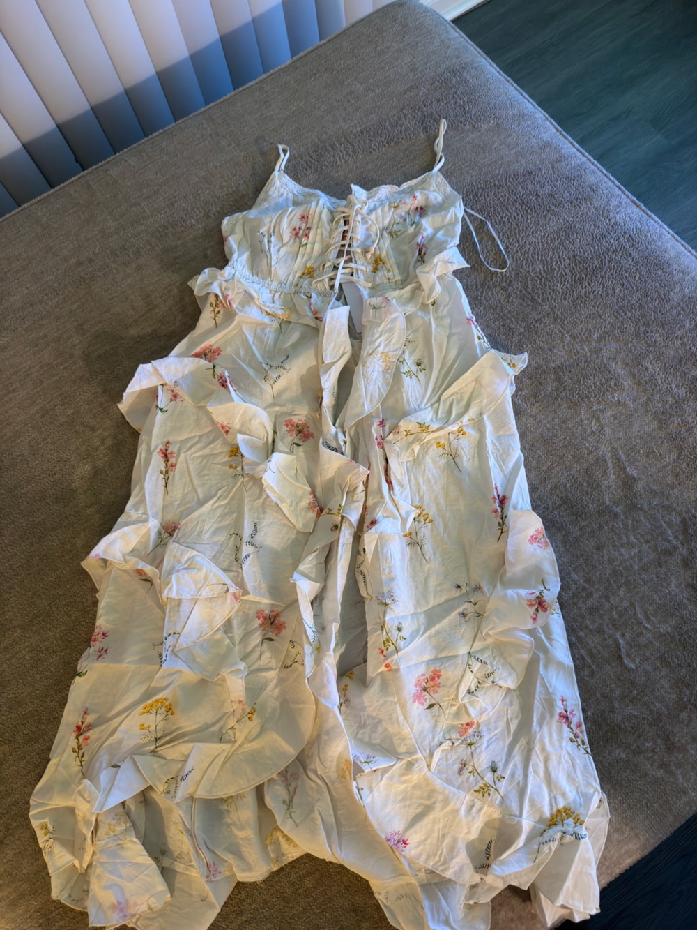 Aakaa White Floral Ruffle Sundress with Lace-Up Bodice